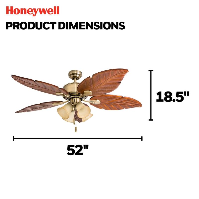 52" Honeywell Royal Palm Aged Brass LED Ceiling Fan with Light, Hand Carved Solid Wood Blades