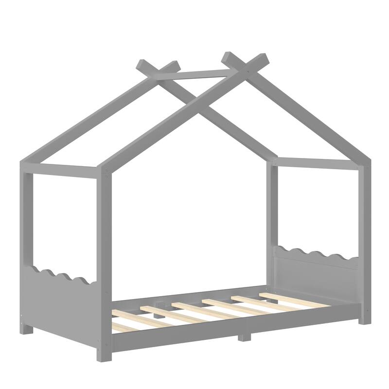 Twin House Floor Bed with Support Slats, Solid Wood House Bed Frame for Kids, No Box Spring Needed