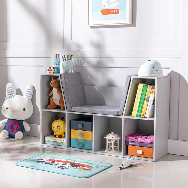 slide 2 of 5, Kids Bookcase Organizer Bench with Cushioned Seat Grey