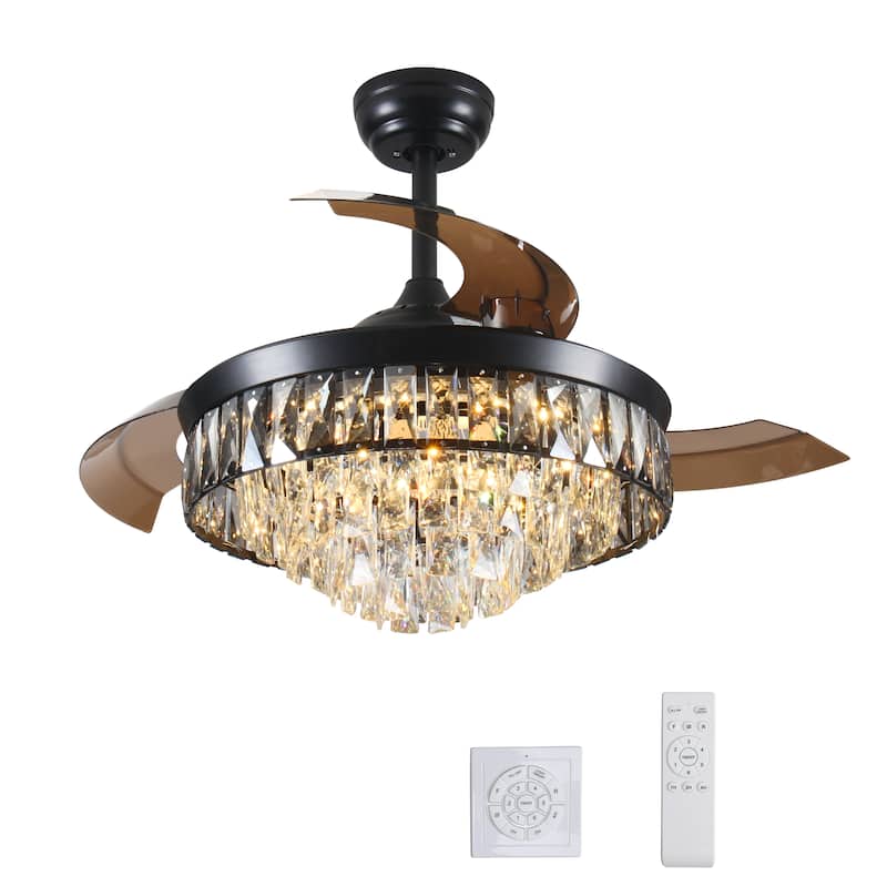 42 inch Chandelier Ceiling Fan Retractable with Light Remote 6 Speed 3 LED Crystal Black Bedroom - Black