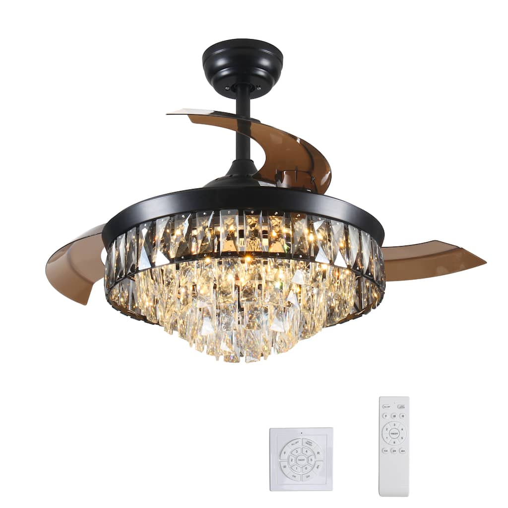 42 inch Chandelier Ceiling Fan Retractable with Light Remote 6 Speed 3 LED Crystal Black Bedroom