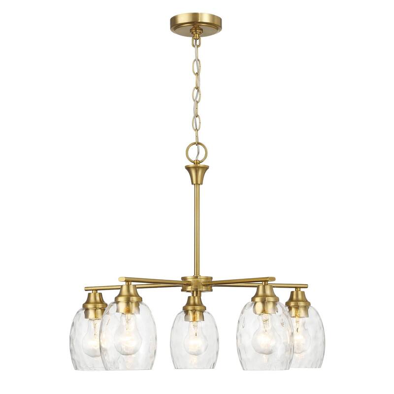 Elegance Five Lights Linear Arms with Golden Brass Finish Chain Chandelier 24"W × 8.5"H with Clear Water Glass
