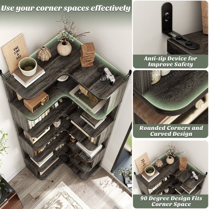 6-Tier Corner Bookcase, Freestanding Display Storage Book Shelf