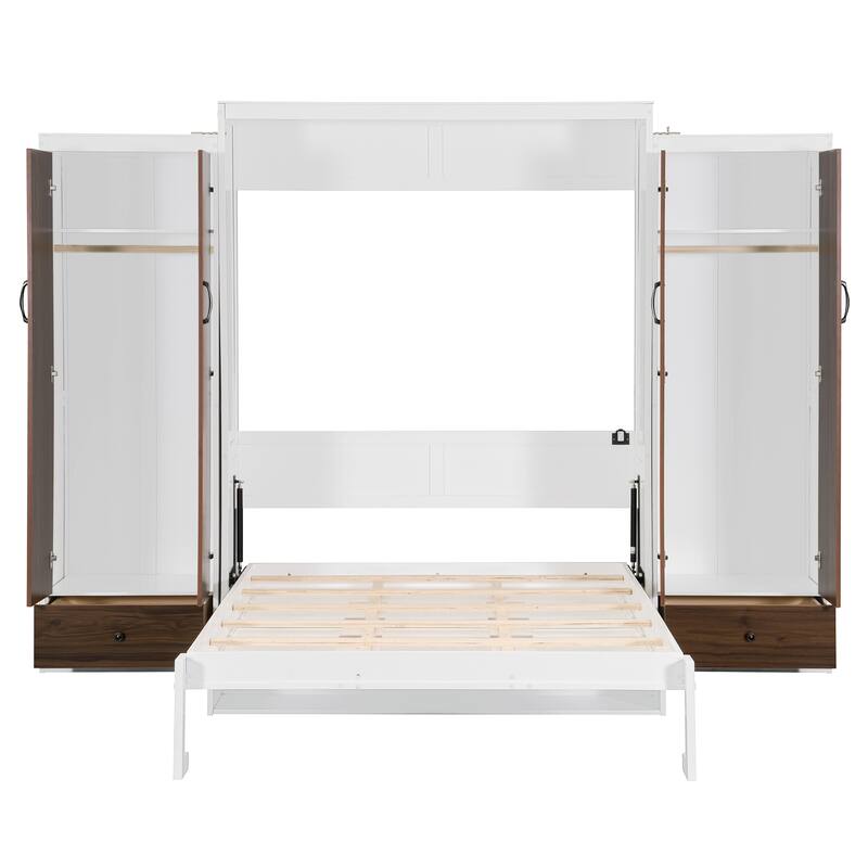 Queen Size Wall Bed with Built-in Closet, Drop-Down Table & Storage Drawers, Space-Saving Folding Design with LED Light