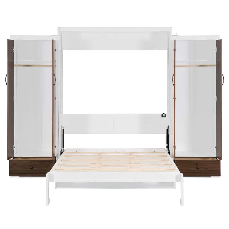 Roomfitters Full/Queen Size Murphy Bed with Closet, Table and Concealed Storage Compartments, Foldable Wall Frame