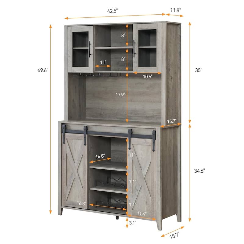 70'' Wine Bar Cabinet with Storage Hutch, Tall Coffee Bar Cabinet with Sliding Barn Doors, Bottle Glasses Rack