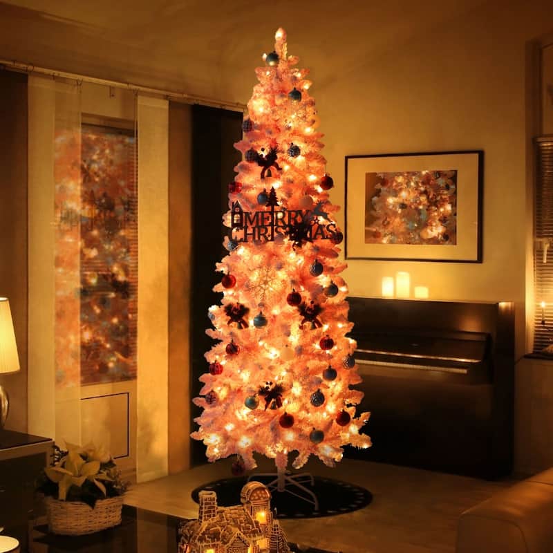 VEIKOUS Pre-Lit Artificial Christmas Tree Pencil Snow with Foldable Iron Stand with LED lights, 5.5/6.5/7.5 ft