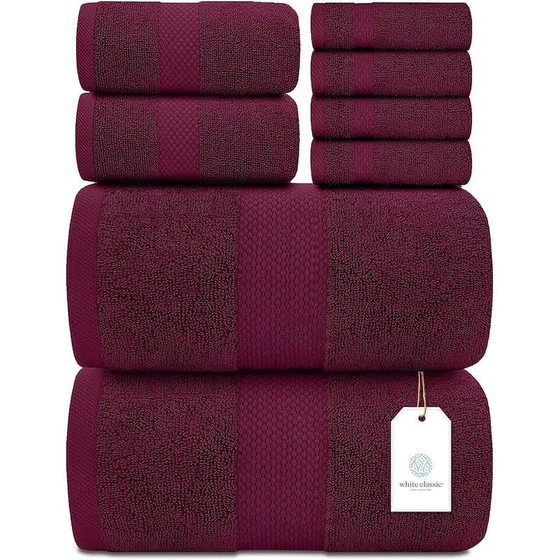 White Classic Luxury Cotton 8Pc Multi Size Towel Set [2 Bath Towels, 2 Hand Towels, 4 Washcloths]