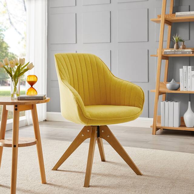 Modern Home Office Swivel Arm Accent Chair with Wood Legs - Yellow