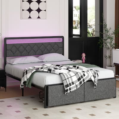 Full & Queen Size Bed Frame with LED Headboard, USB Charging – Modern Platform Bed Base with Under-Bed Clearance