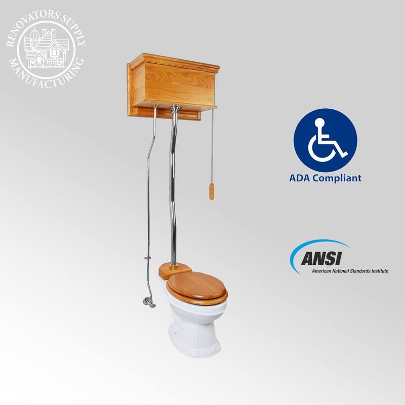 High Tank Toilet - Light Oak Wooden Raised Tank, White Elongated Bowl and Chrome L Pipe Renovators Supply