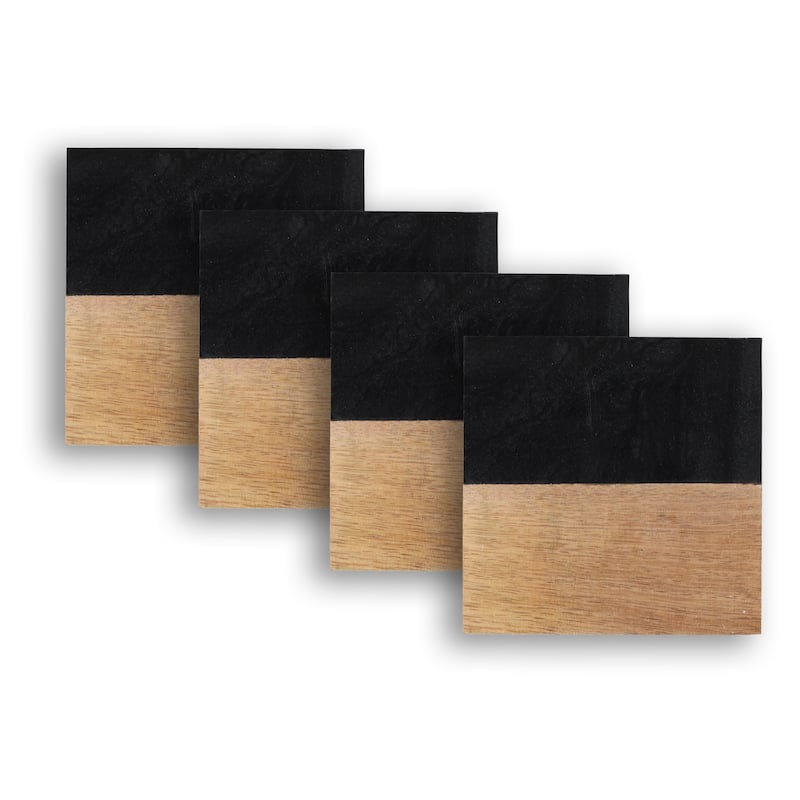 Dainty Home Wood And Resin Designed Square Coaster Set of 4 - 4" x 4" Square - Wood And Black Resin