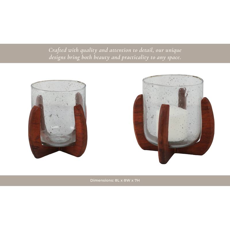 Textured Glass Pillar and Taper Candle Holder with Mango Wood Base
