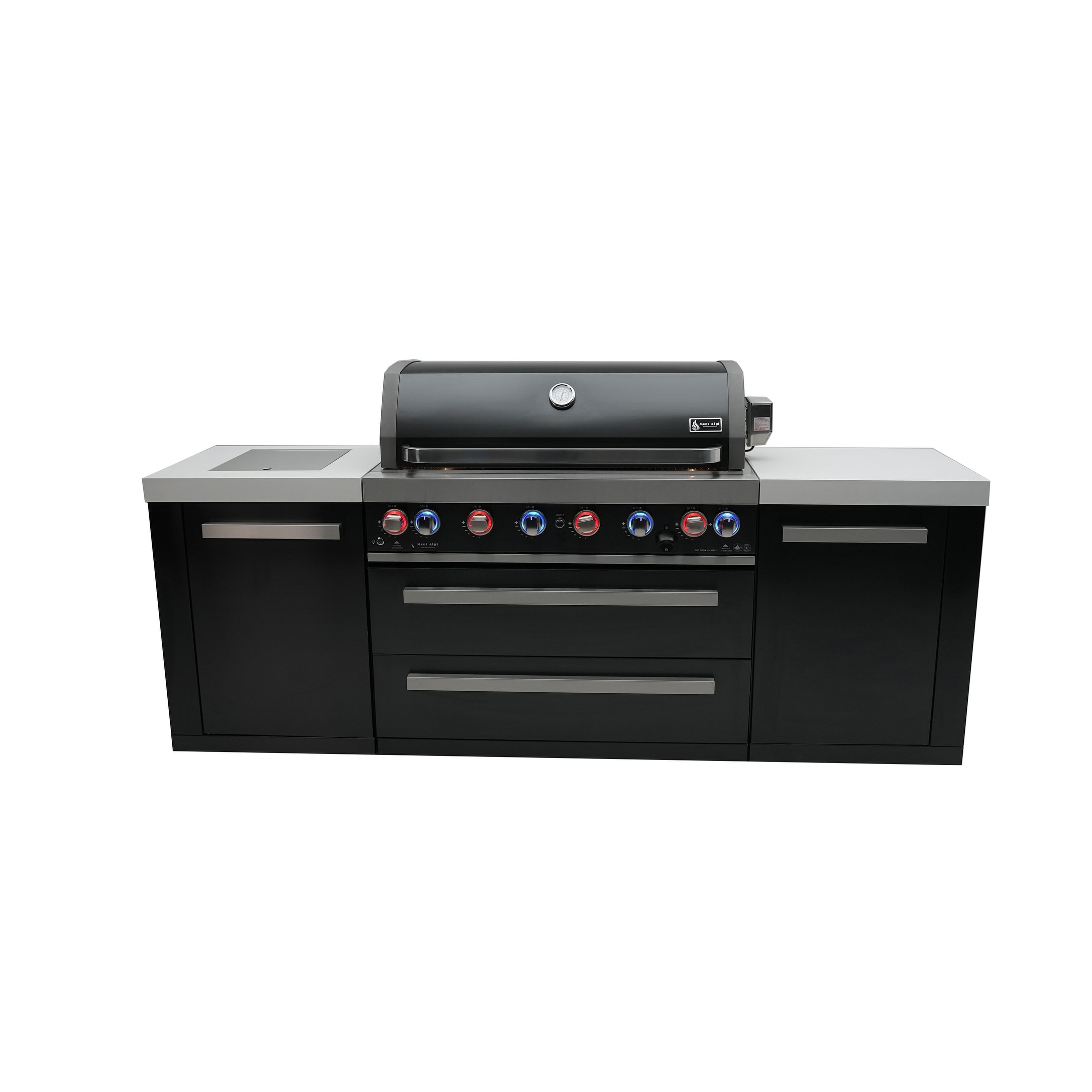 Mont Alpi Premium 94"W x 23"D Black Stainless Steel Modular Outdoor Kitchen Island with Side Burner + 44"W 6-Burner BBQ Grill