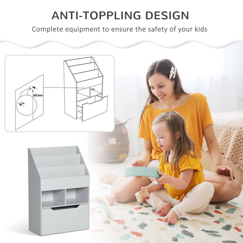 Kids Bookcase Multi-Shelf Rack Organizer with Storage Drawer for Books for Reading Nook, Classroom, Bedroom, Playroom, Grey