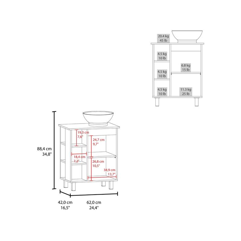 24" Bathroom Vanity with Integrated Sink - Modern Freestanding Cabinet with Open Shelves and Storage, No Faucet Included