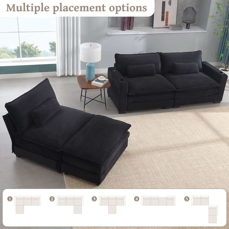 Stripe Corduroy Sofa with USB and Cup Holders, L Shape Chaise with Ottoman and Lumbar Pillows, 3 Seater Convertible Lounge Couch