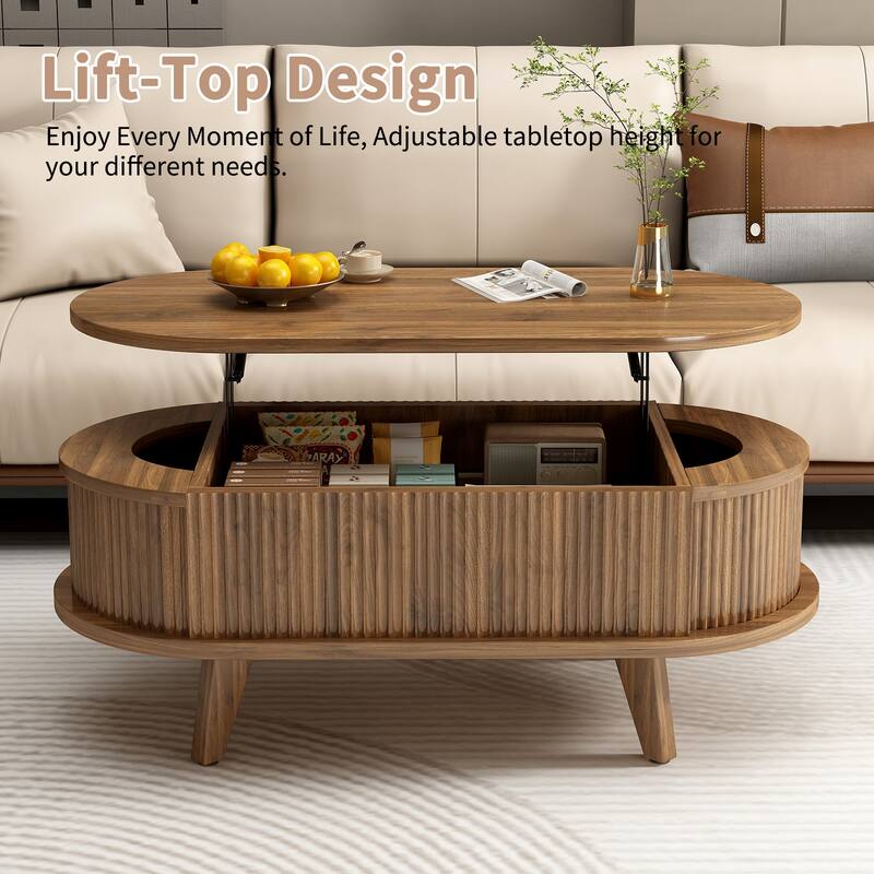 Fluted Lift Top Coffee Table with Hidden Compartment, Wooden Center Table, Modern Oval Lift Tabletop for Home Living Room