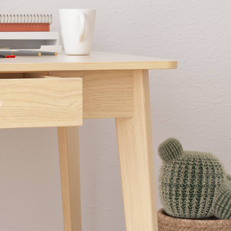Timechee Beige Wooden Computer Desk, 47" Writing Desk with 2 Drawers