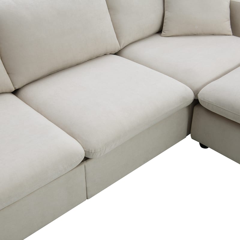 Beige 100.4'' Polyester L-Shaped 4-Seat Sectional Sofa Couch with Convertible Ottoman and 2 Pillows, Contemporary Design
