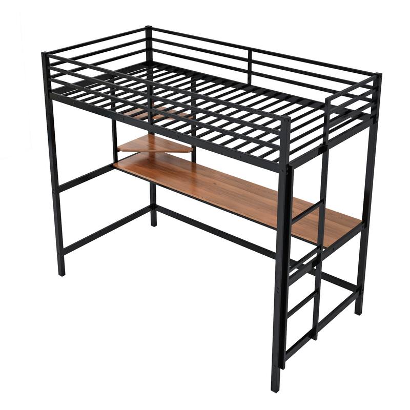 Modern Twin Metal Loft Bed with Desk and Shelve