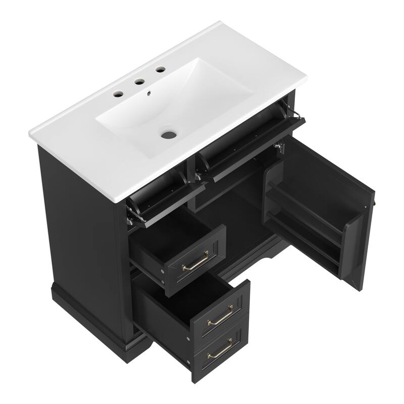 36-Inch Bathroom Vanity with Ceramic Sink Top, 4 Drawers and 1 Soft-Close Door, Freestanding Storage Cabinet with Metal Handles