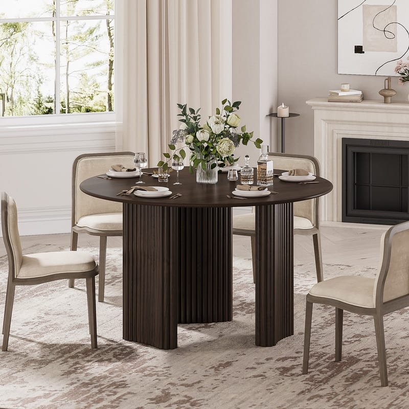 46" Round Dining Table Kitchen Table for 4 with Arc-Shaped Edge Top and Fluted Pedestal Legs for Living Room Dining Room Coffee