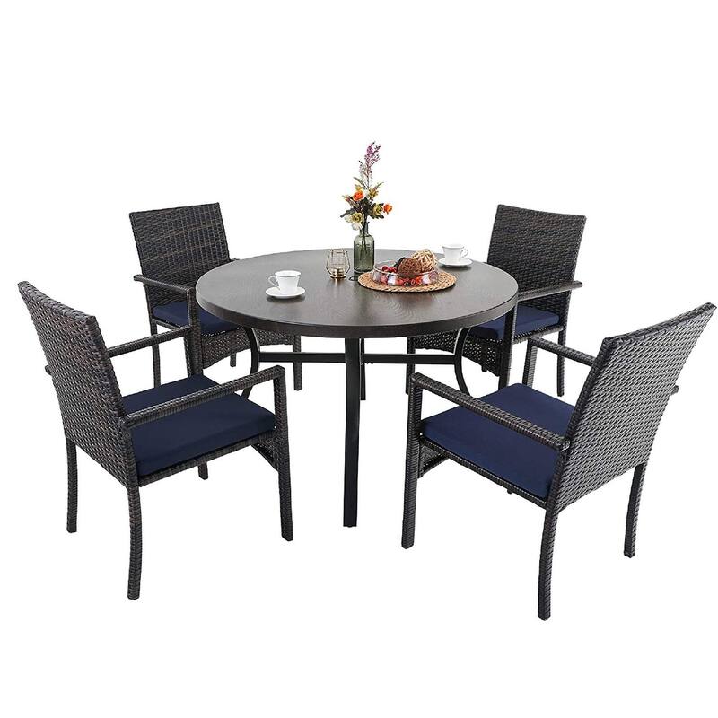 5 Piece Outdoor Dining Sets, 44'' Round Metal Bistro Table with 1.97'' Umbrella Hole and 4 Rattan Garden Chairs