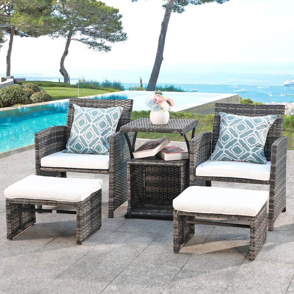 Patio 6 Pieces Wicker Conversation Set with Ottoman and Side Table