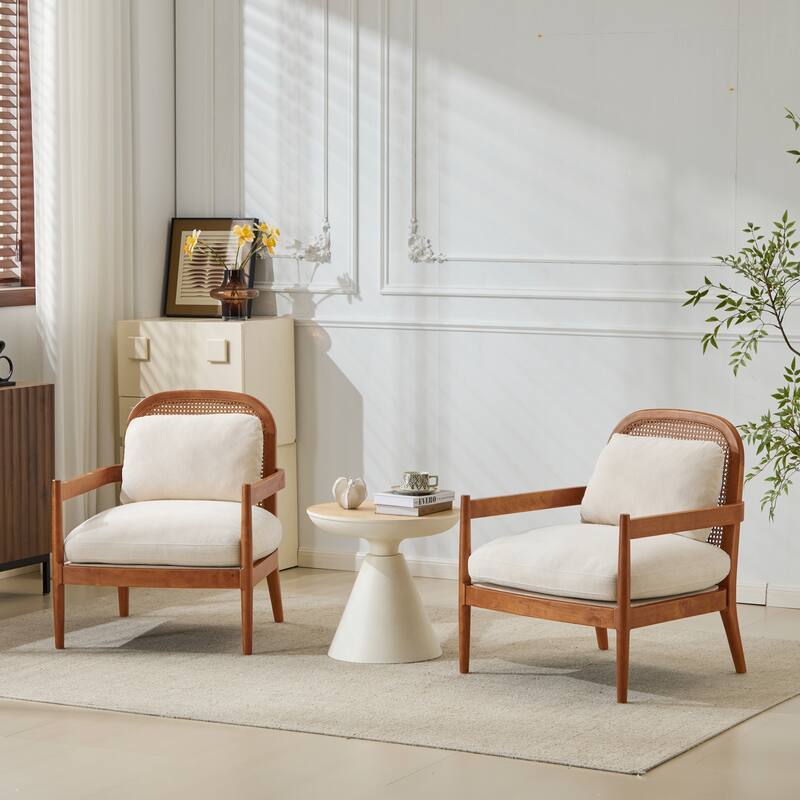 26.6" Solid Wood Accent Chair with Rattan Backrest, Cushioned Seat, Stylish Armchair for Living Room, Reading Nook, Set of 2