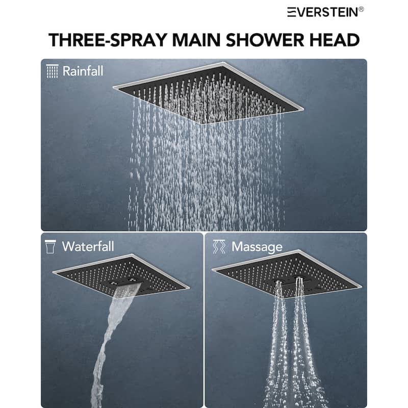 Thermostatic Music Shower System Dual Heads 16" & 6" Rainfall Waterfall LED Shower Head with High Pressure Handheld Spray