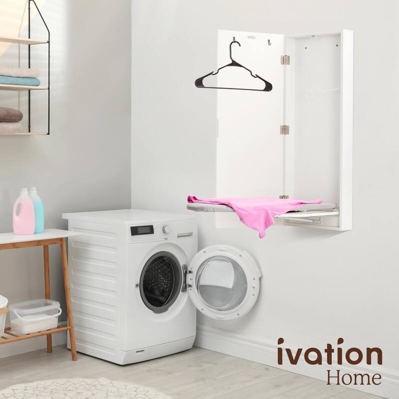 Ivation Wall-Mounted Ironing Board Cabinet, Foldable Storage Station, Easy-Release Lever, Garment Hooks, Left Sided Door, White