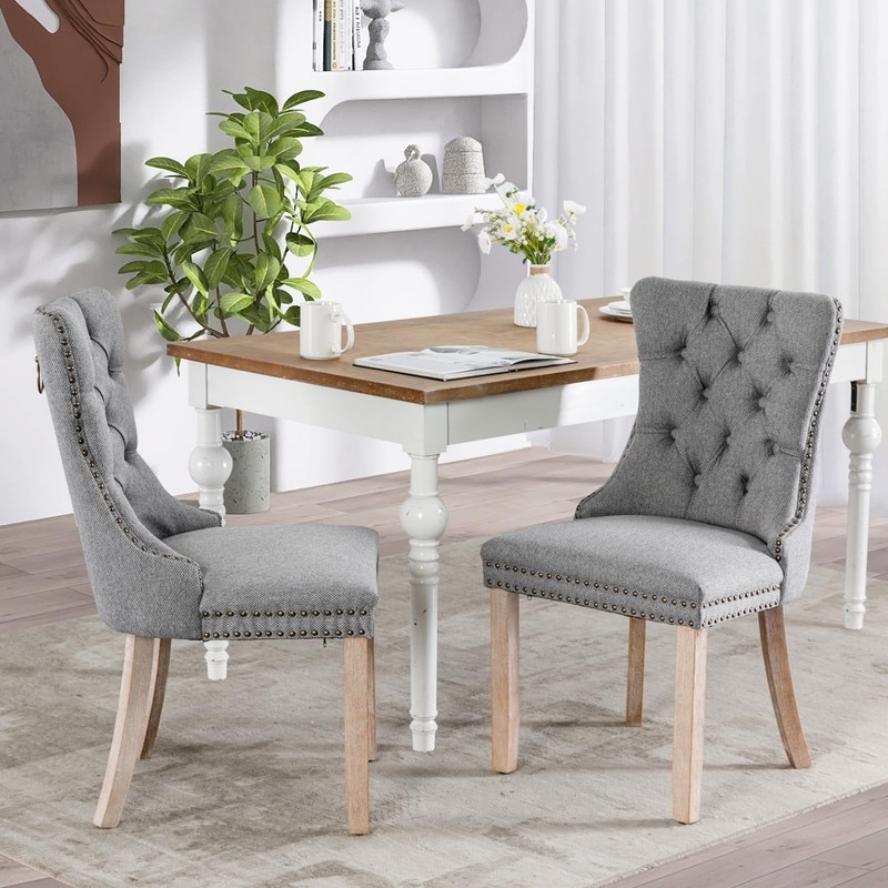 Upholstered Tufted Nailhead Linen Dining Chairs (Set of 2)