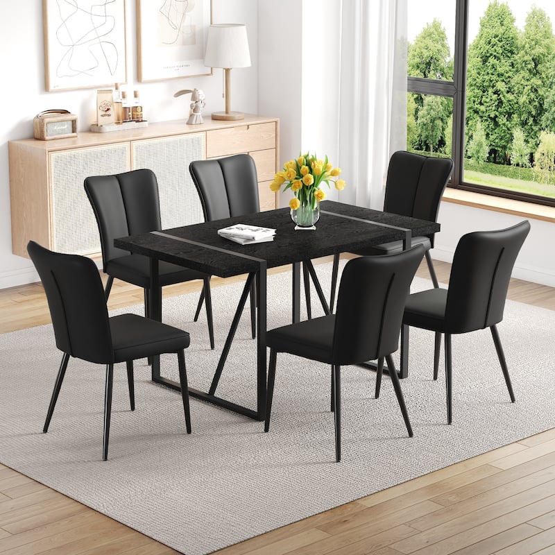 Kitchen Dining Table Set for 4-6 People, Rectangular Wooden Table with Faux Leather Dining Chairs