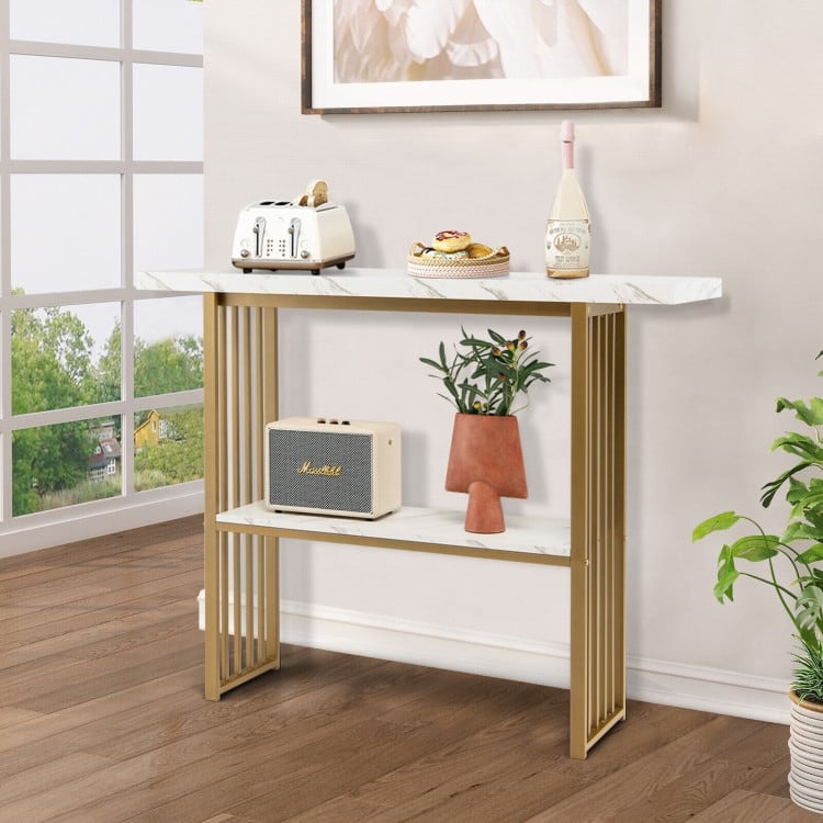 48 Inch 2-Tier Console Table with Gold Finished Frame-White - 48" x 11.5" x 36.5" (L x W x H)