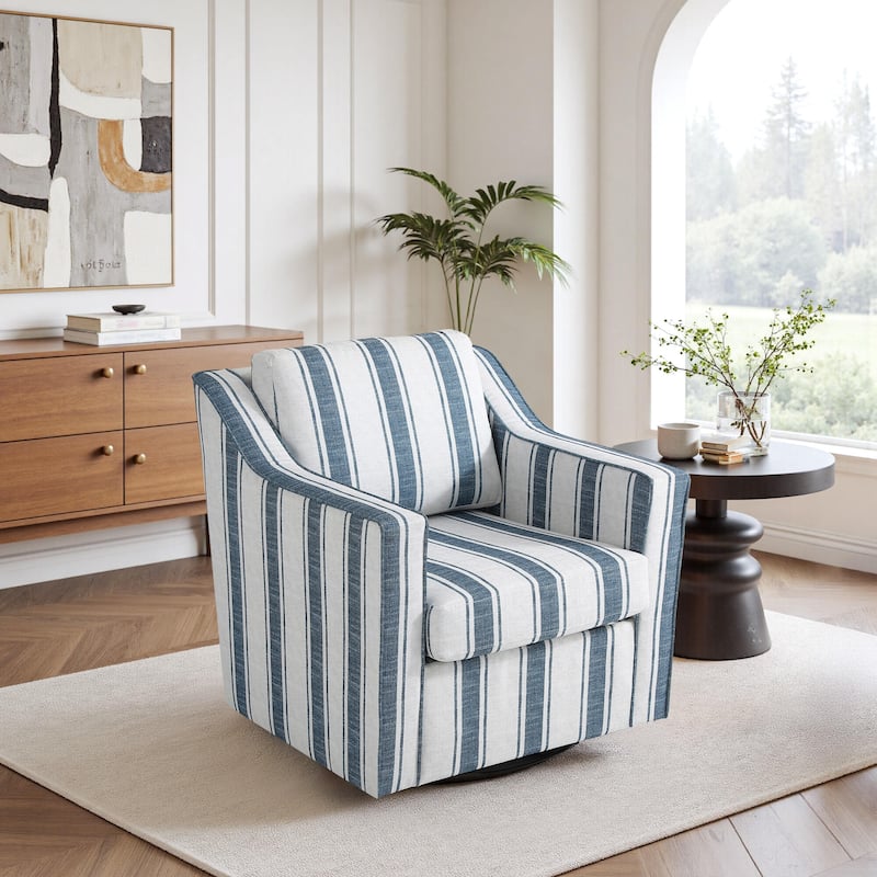 30'' W Vegan Leather/ Chenille Swivel Accent Chair - Stripe Navy-Linen