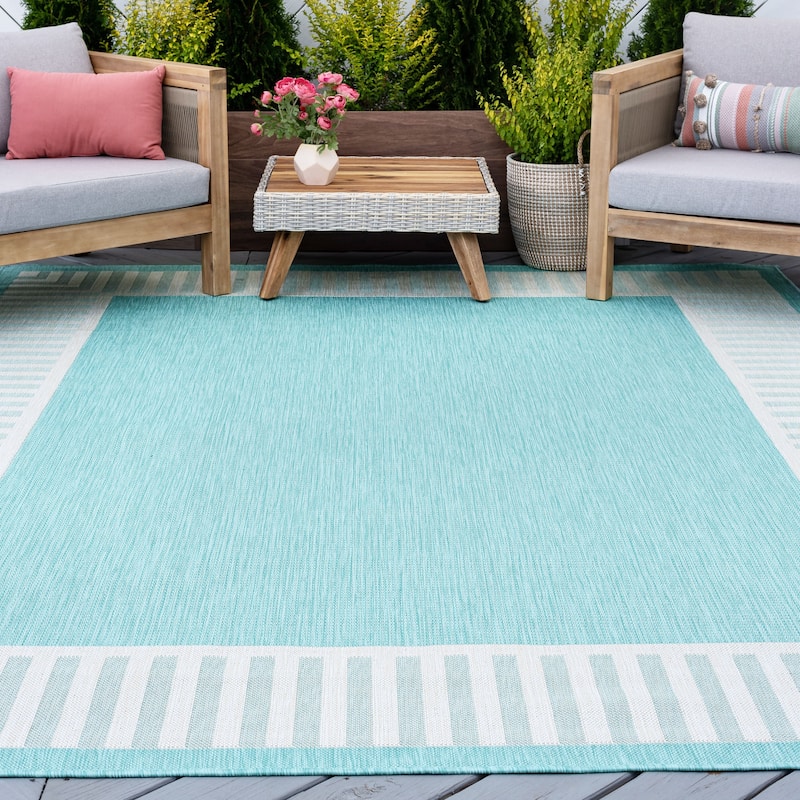 Exo Coastal Striped Border Indoor/ Outdoor Area Rug - 5'3'' x 7'3'' - Aqua/Cream