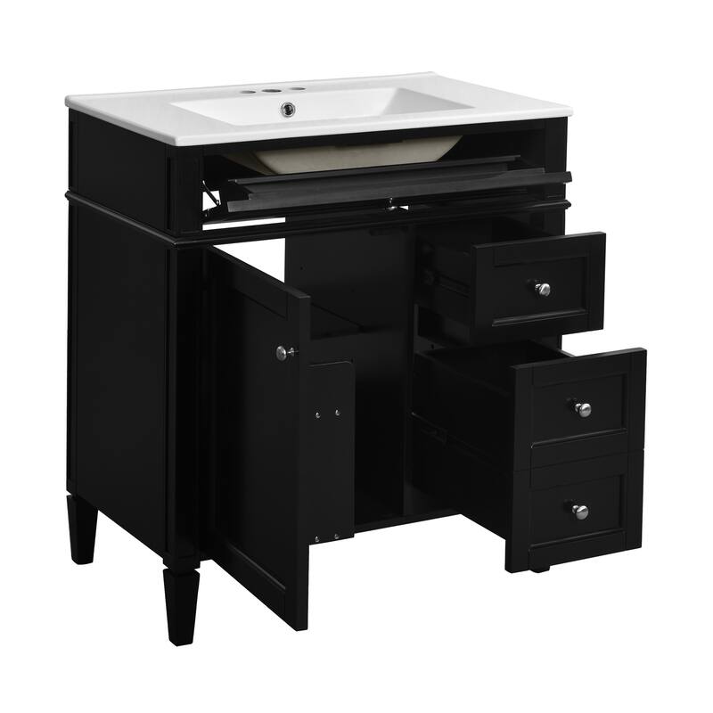 GDFStudio - Caldwell Modern Bathroom Vanity with Ceramic Sink, 2 Storage Drawers and Tip-Out Organizer - 30'W