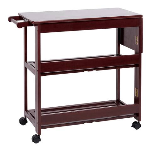 38 Inch Handcrafted Kitchen Island Bar Cart, Knife Holder, Folding Frame, 2-Slatted Shelves, Kitchen Island Coffee Bar Trolley