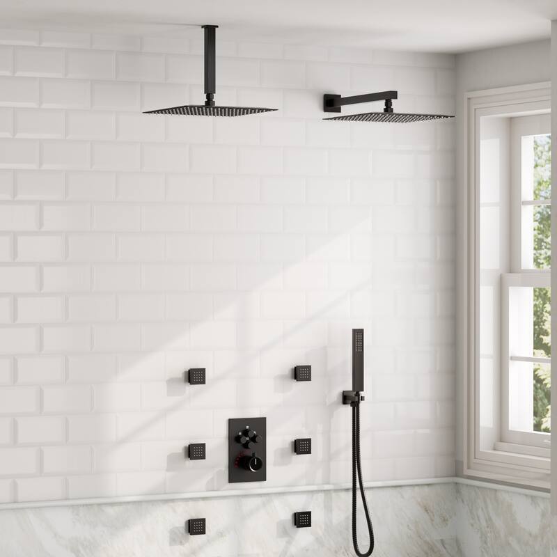 GRANDJOY Thermostatic Shower System Rainfall Dual Shower Heads 12 inch Ceiling and Wall Mount Body Jets Handheld Spray Combo