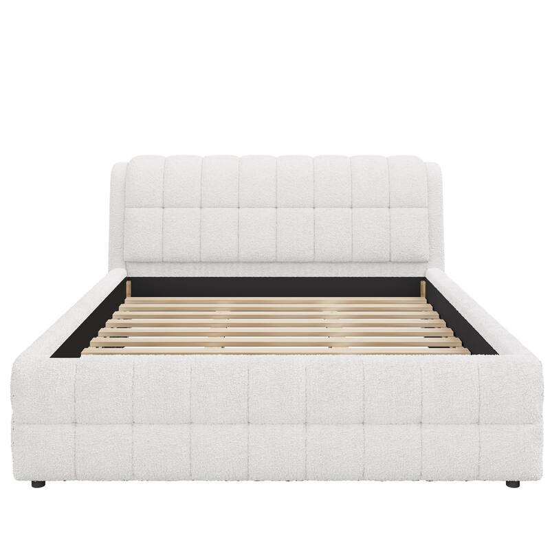 Upholstered Platform Bed with Thick Wingback Headboard and Wood Slat Support
