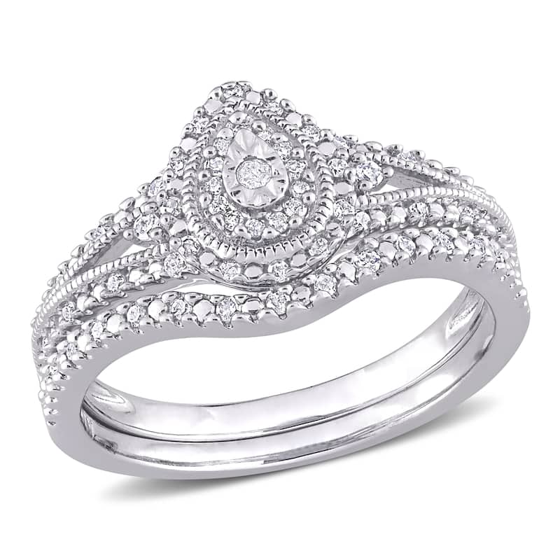 Miadora Sterling Silver 1/4ct TDW Diamond Pear Halo Split Shank Wedding Ring Set