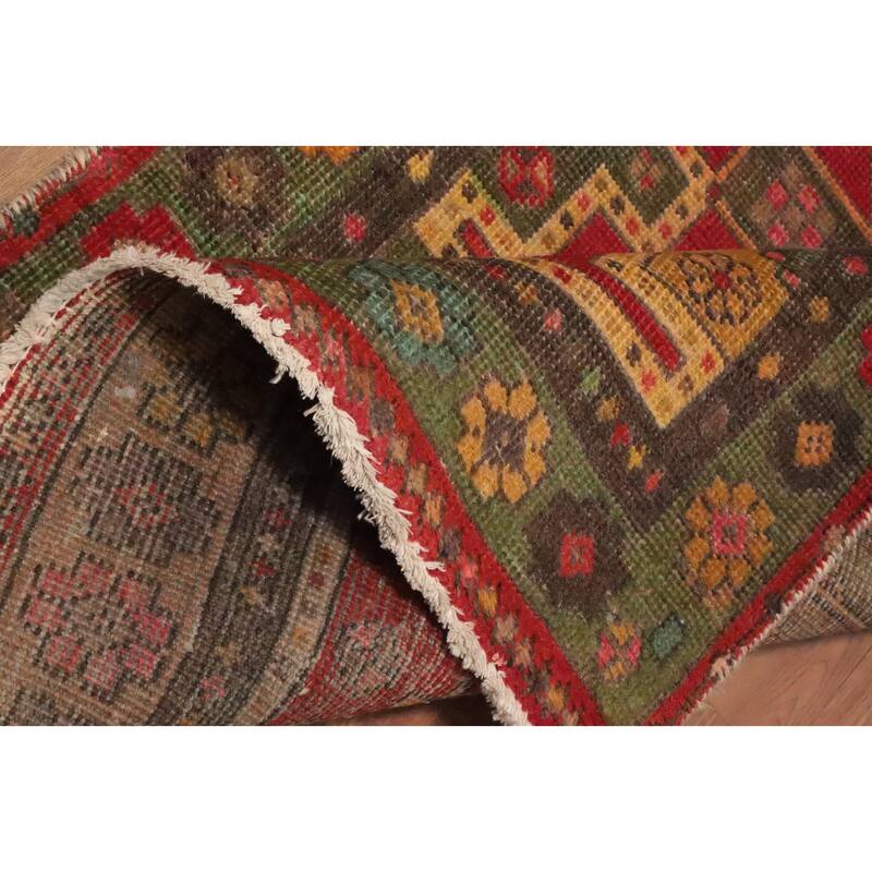 Hand Knotted Oriental 100% Wool Carpet Traditional Geometric Red Tabriz Runner Rug - 10' 7'' X 3' 1''