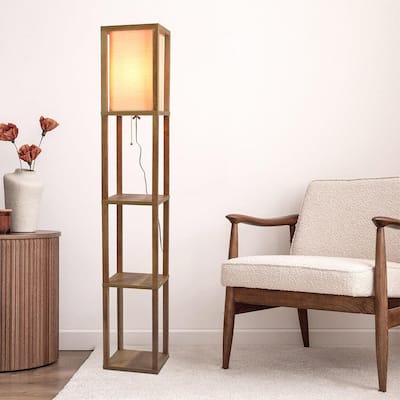 Shelf Floor Lamp For Bedroom/Living Room, Natural Wood with Long Shade