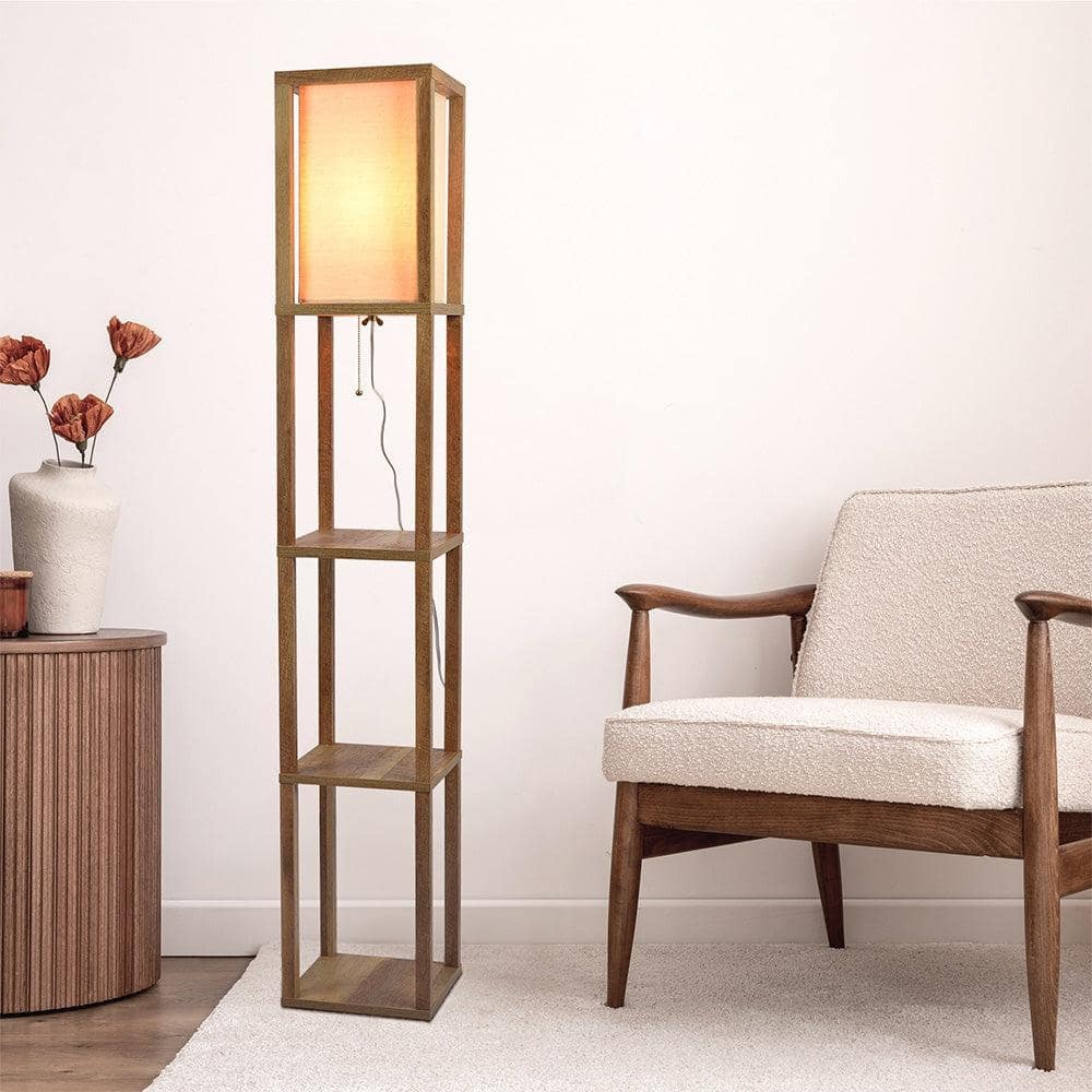 Shelf Floor Lamp For Bedroom/Living Room, Natural Wood with Long Shade
