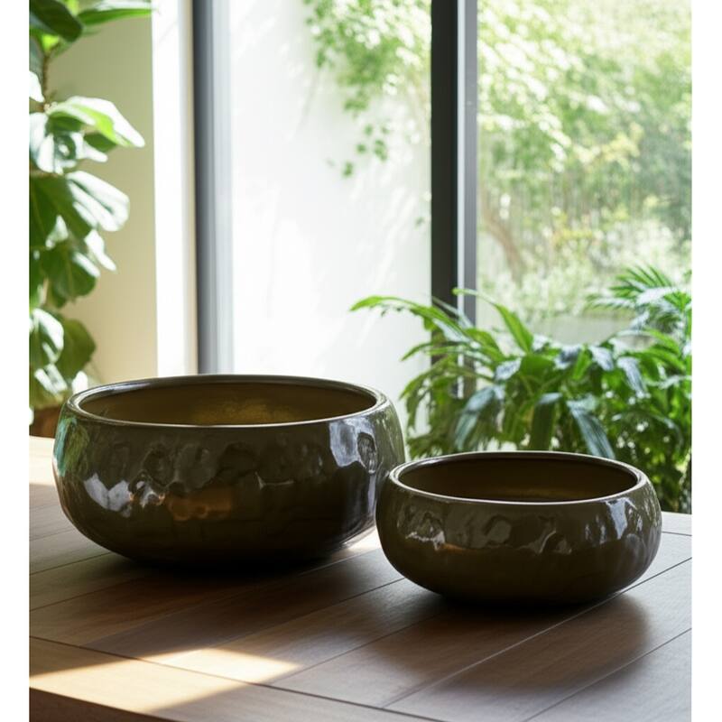 Stoneware Planters Modern Rounded Design and Texture Detail (Set of 2) - 12" x 12" x 5"