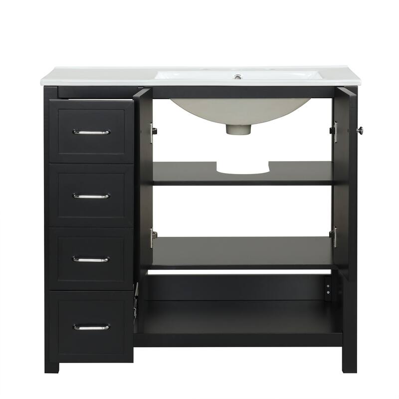 Freestanding Storage Cabinet Bathroom Vanity with Drop-In Sink, Ceramic Top, 2 Doors, 2 Drawers and Open Shelf