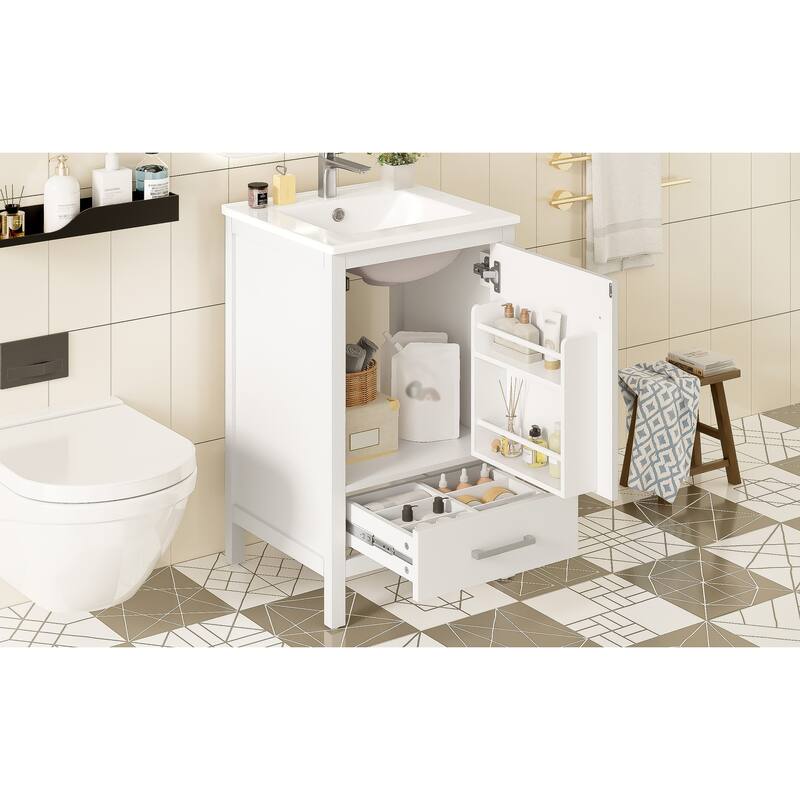 Roomfitters 20" Modern Bathroom Vanity with Ceramic Sink, Soft-Close Drawer and Door, Divider Drawer, Storage Rack