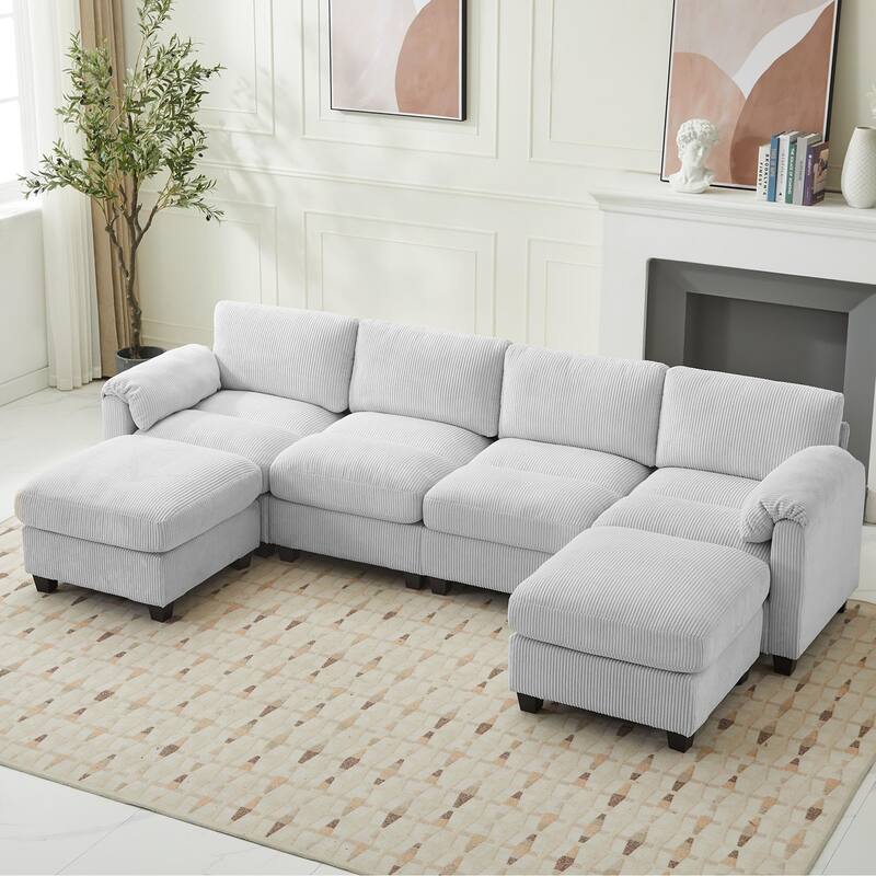Corduroy Sectional Sofas with 2 Removable Ottomans, U-shaped Symmetrical 6-Seat Modular Couch