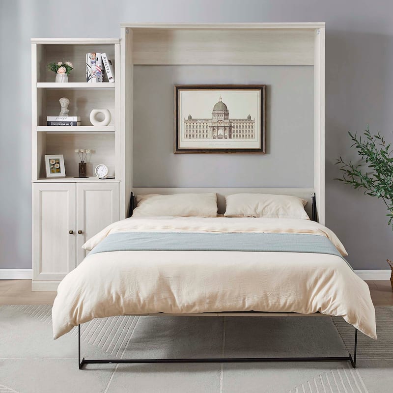 Queen Size Murphy Wall Bed with 1 Side Cabinet Storage Shelf